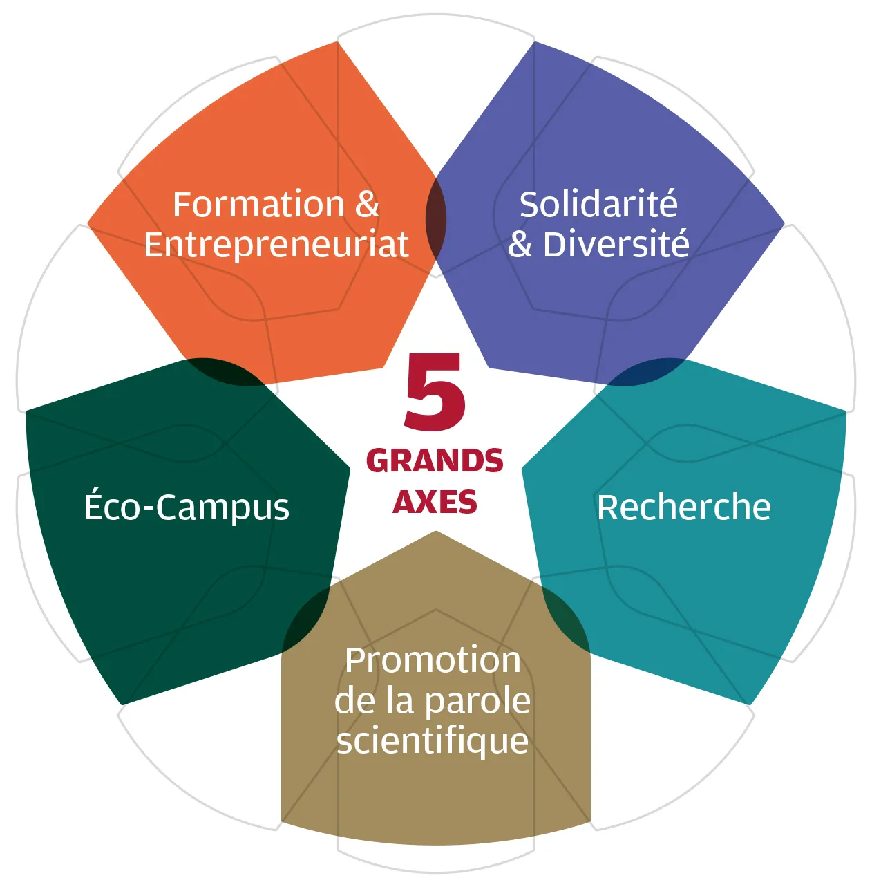 les 5 axes de collecte pour le mécénat à l'École Centrale de Lyon : Solidarité et Diversité ( les bourses de vie), Recherche ( 6 UMR, le projets STEP), Promotion de la parole scientifique, Éco-Campus, Formation et Entrepreneuriat.